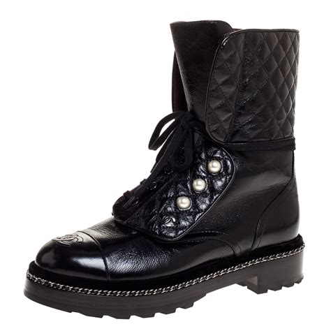 chanel black combat boots leather motorcycle|Chanel boots with pearl heel.